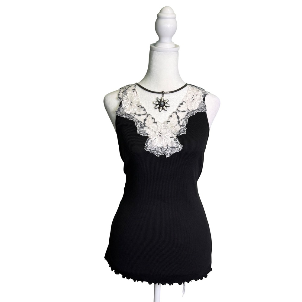 Y2K Black Ribbed Lace Trim Coquette Goth Tank Top Soft Girl Balletcore Floral